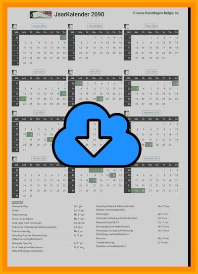 thumbnail jaarkalender voor het jaar 2090 in papierformaat A4 Staand Landscape en bestandsformaat PDF Adobe Acrobat met Feestdagen Belgie 