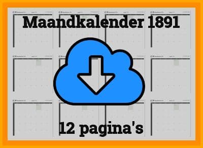 thumbnail maandkalender voor het jaar 1891 in papierformaat A4 Liggend Landscape en bestandsformaat PDF Adobe Acrobat met Feestdagen België 