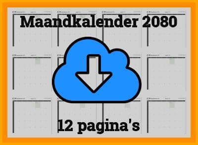 thumbnail maandkalender voor het jaar 2080 in papierformaat A4 Liggend Landscape en bestandsformaat PDF Adobe Acrobat met Feestdagen België 