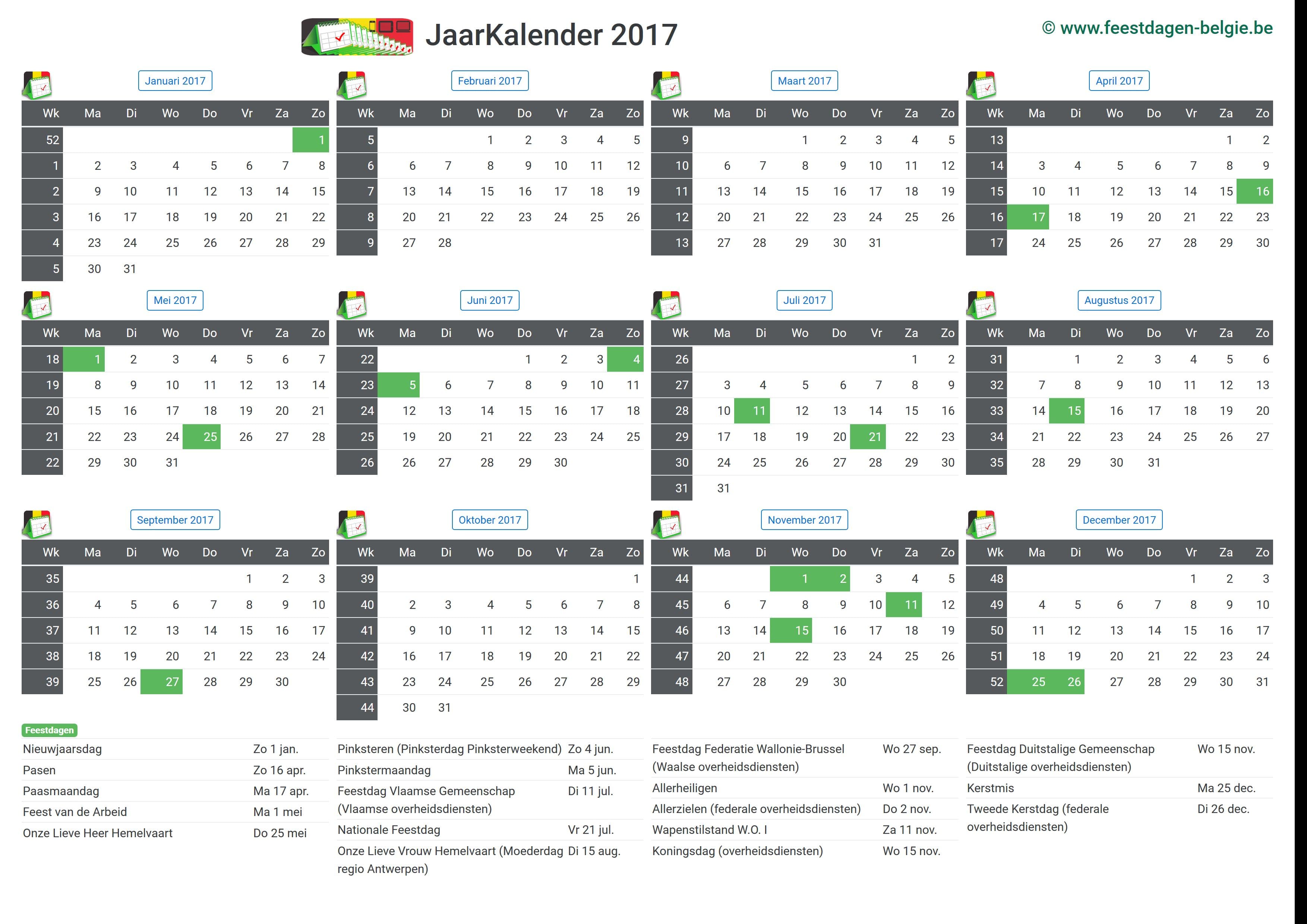 Pretentieloos zijde Samenwerking Kalender 2017 Jaarkalender | Belgie Verlengde Weekends Feestdagen  Schoolvakanties