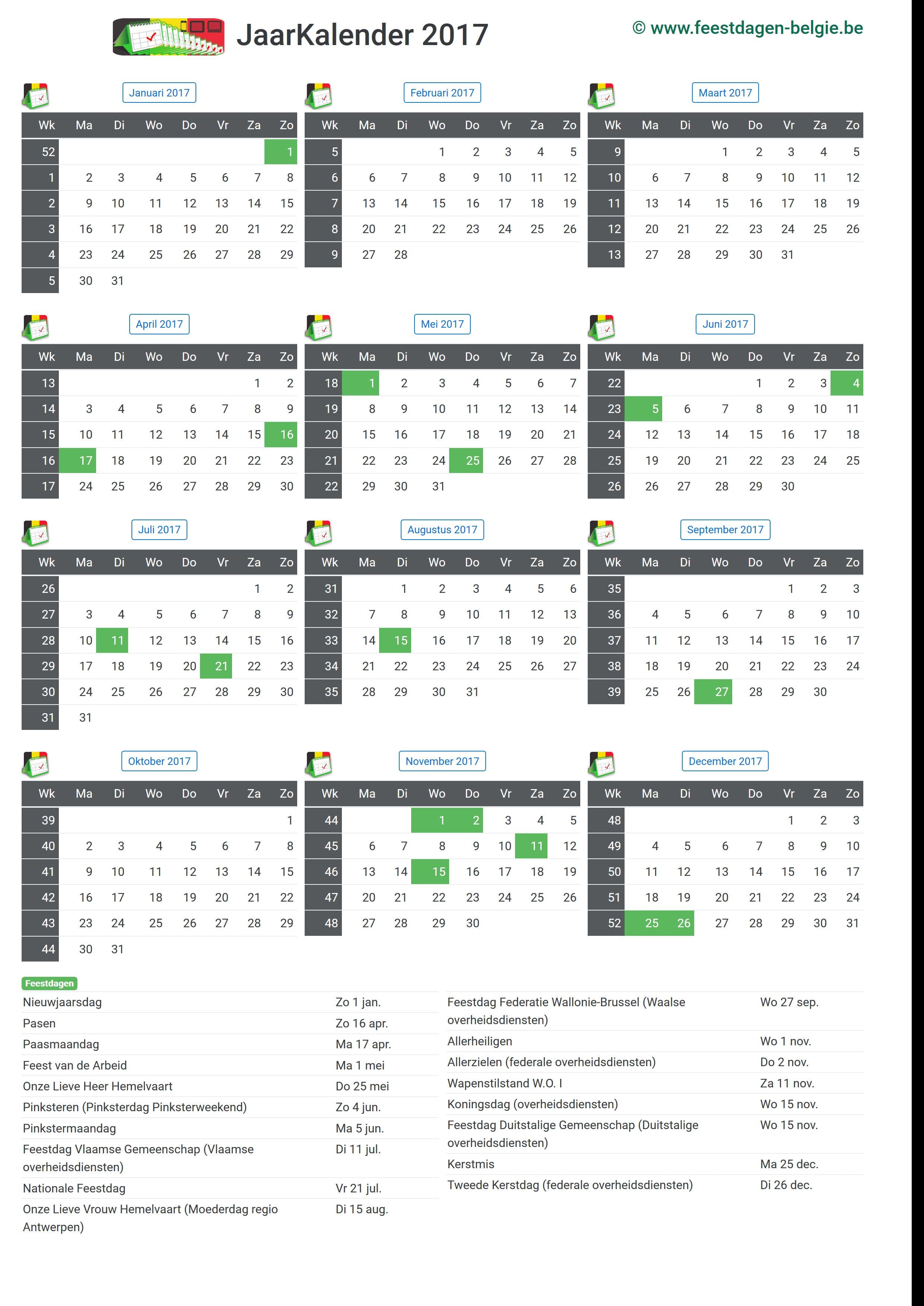 frequentie wit handig Kalender 2017 Jaarkalender | Belgie Verlengde Weekends Feestdagen  Schoolvakanties