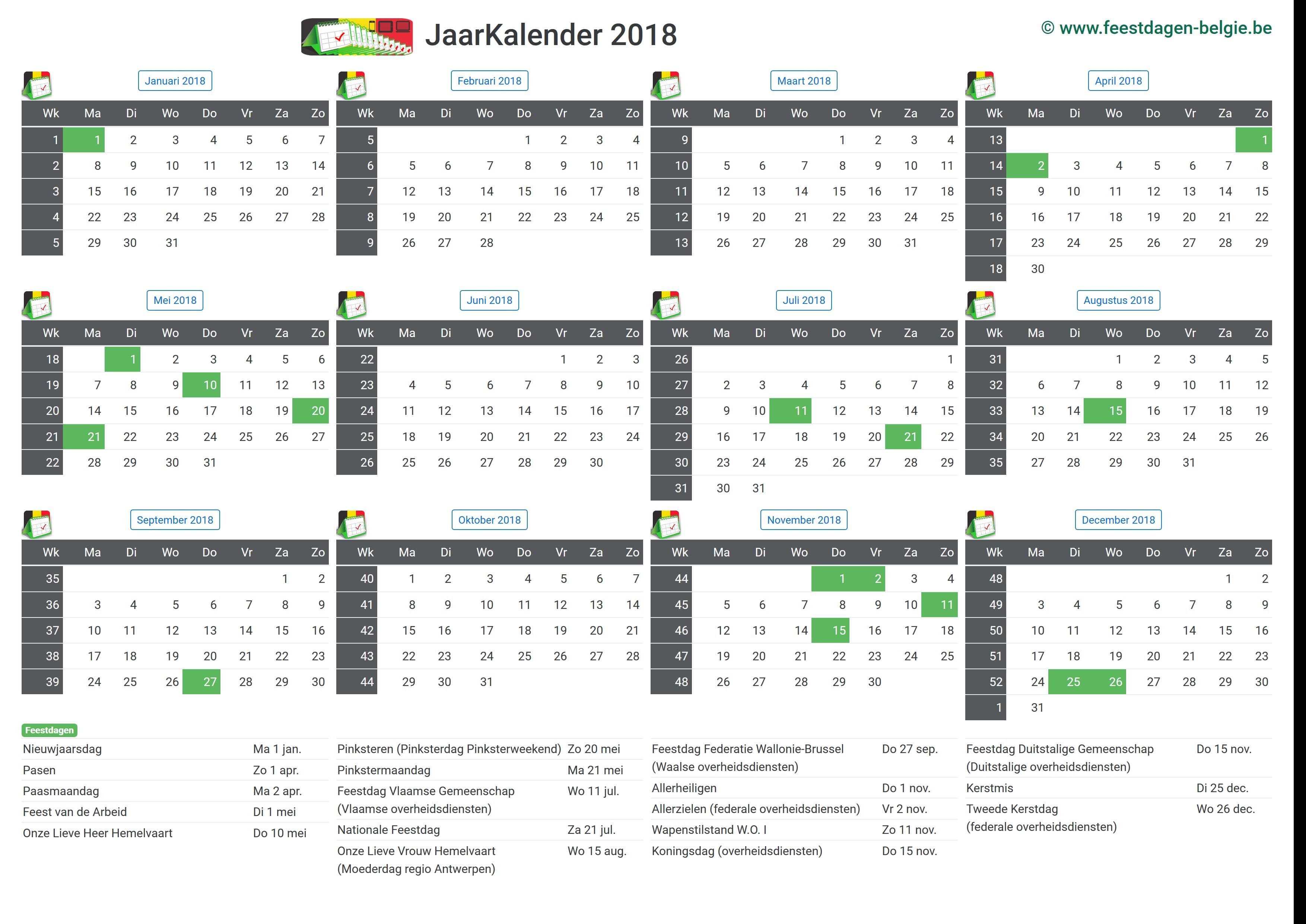 Verknald extract Dubbelzinnig Kalender 2018 Jaarkalender | Belgie Verlengde Weekends Feestdagen  Schoolvakanties