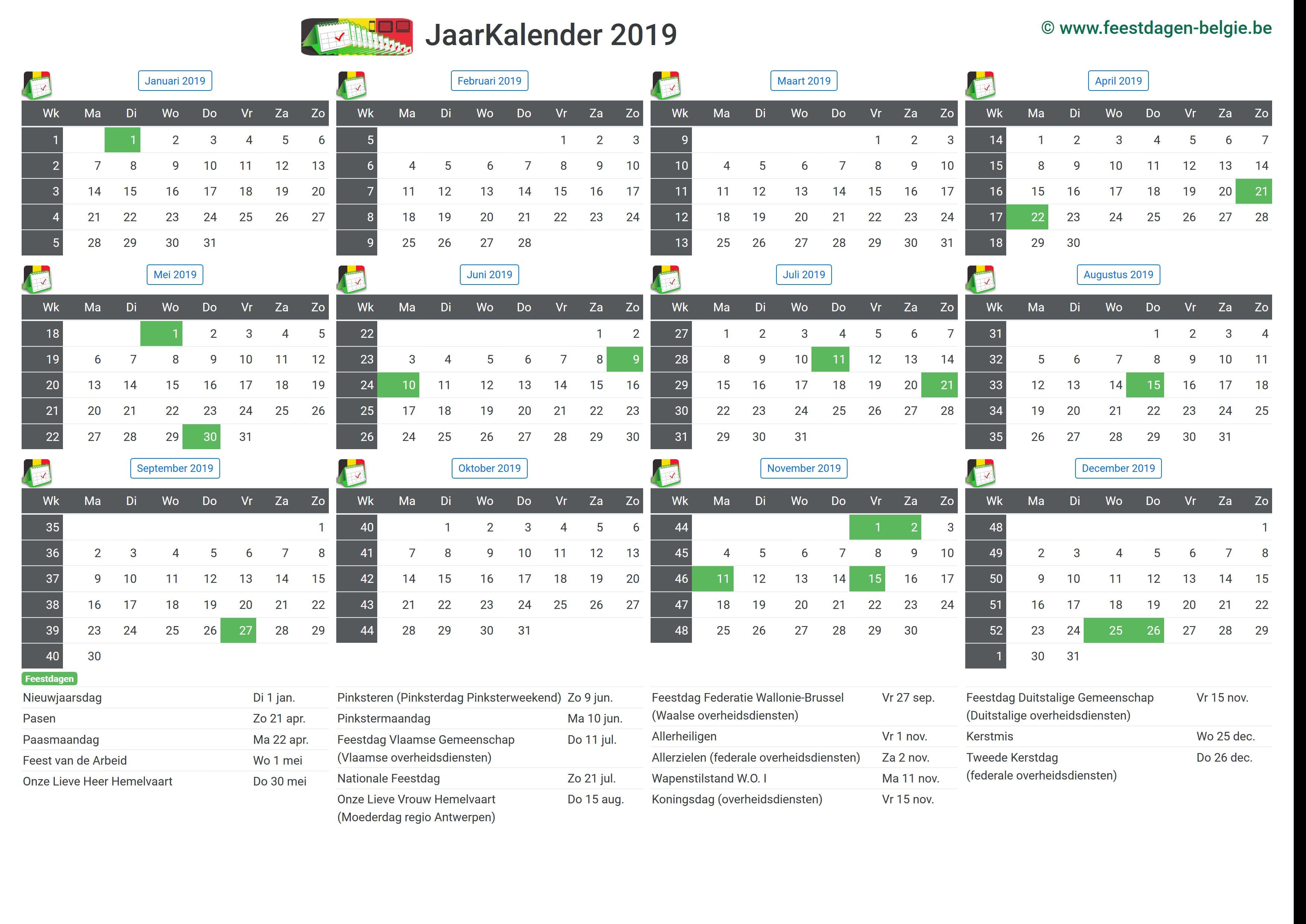 2019 Jaarkalender | Belgie Verlengde Weekends Feestdagen Schoolvakanties