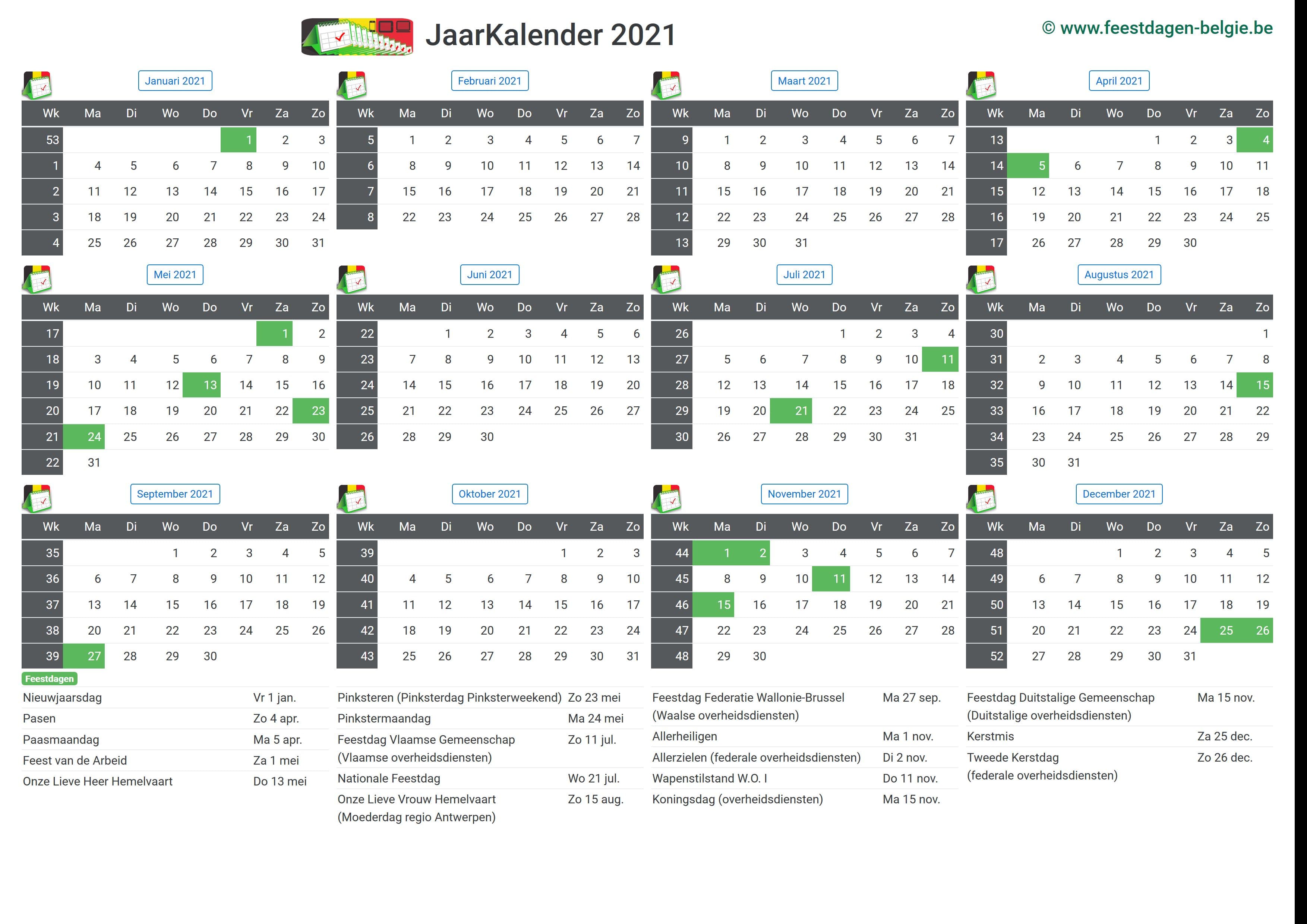 Kalender 2021 Jaarkalender | Belgie Verlengde Weekends Feestdagen  Schoolvakanties