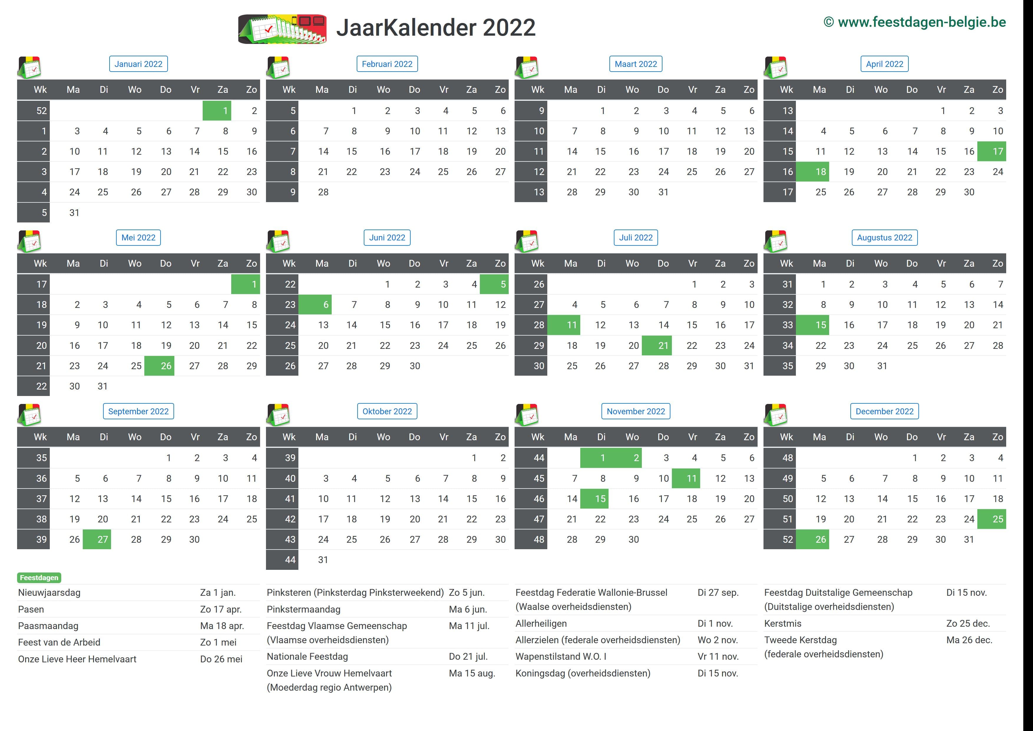 Kalender 2022 Jaarkalender | Belgie Verlengde Weekends Feestdagen  Schoolvakanties