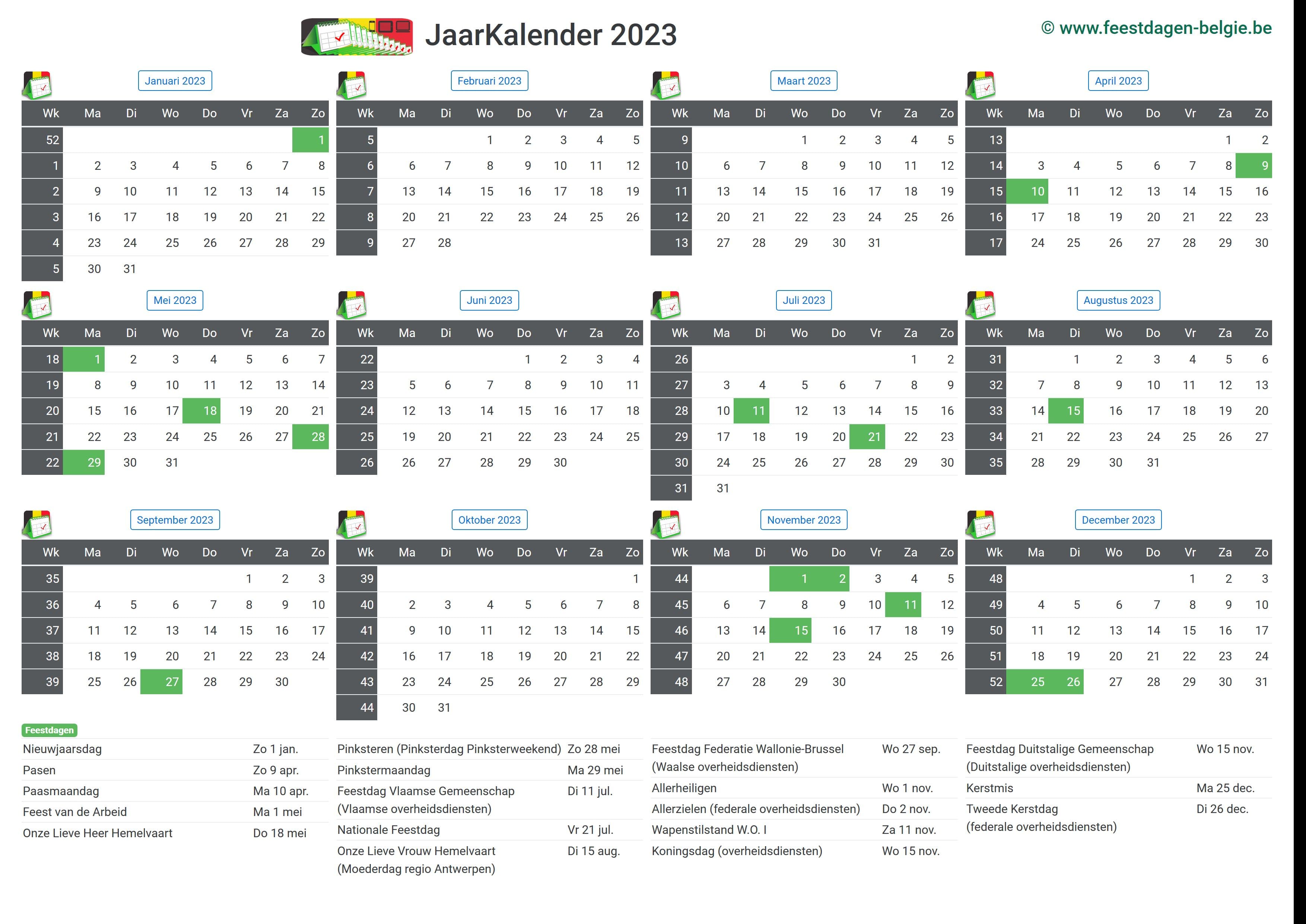 Kalender 2023 Jaarkalender België Verlengde Weekends Feestdagen