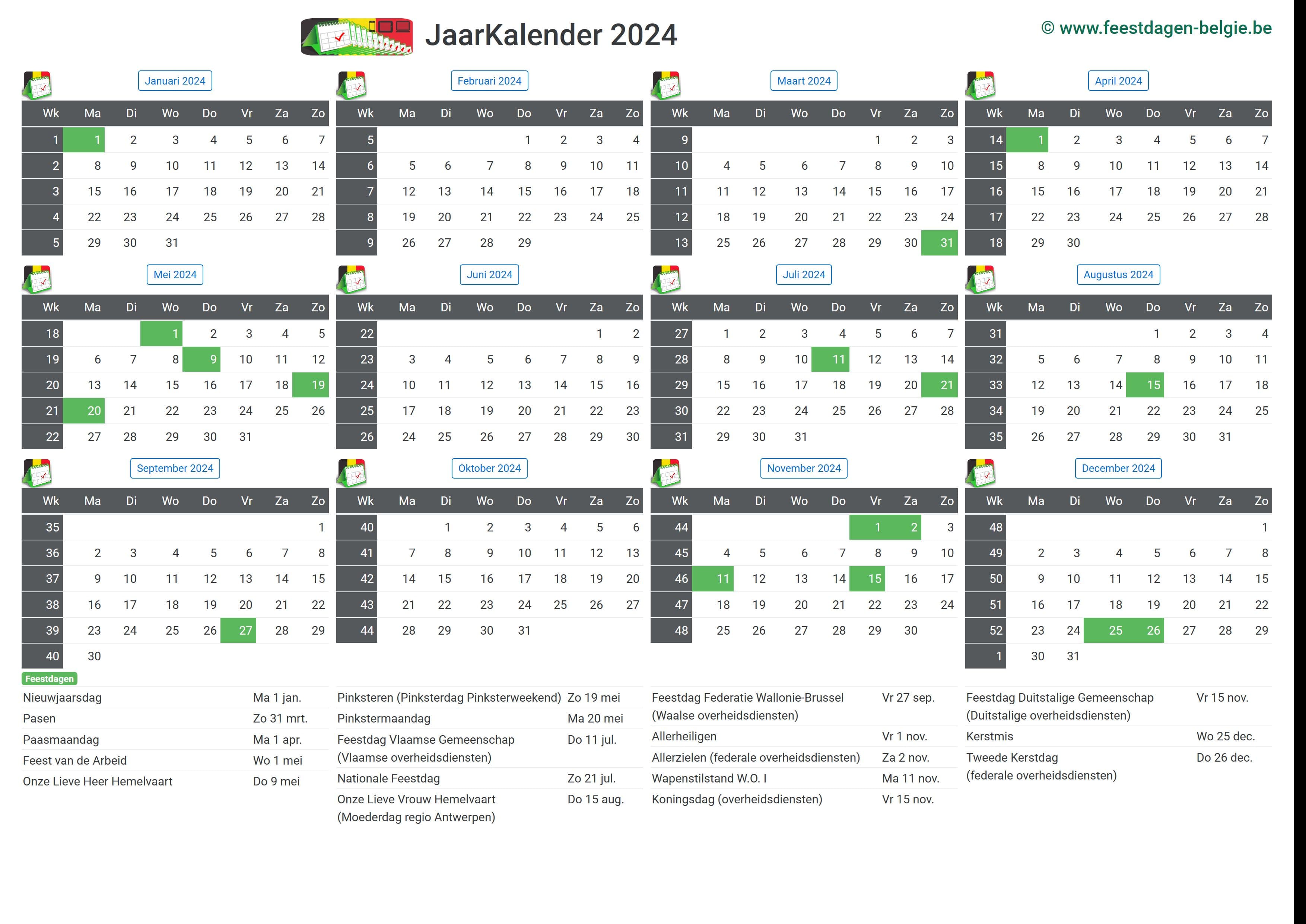 Kalender 2024 Jaarkalender België verlengde weekends feestdagen