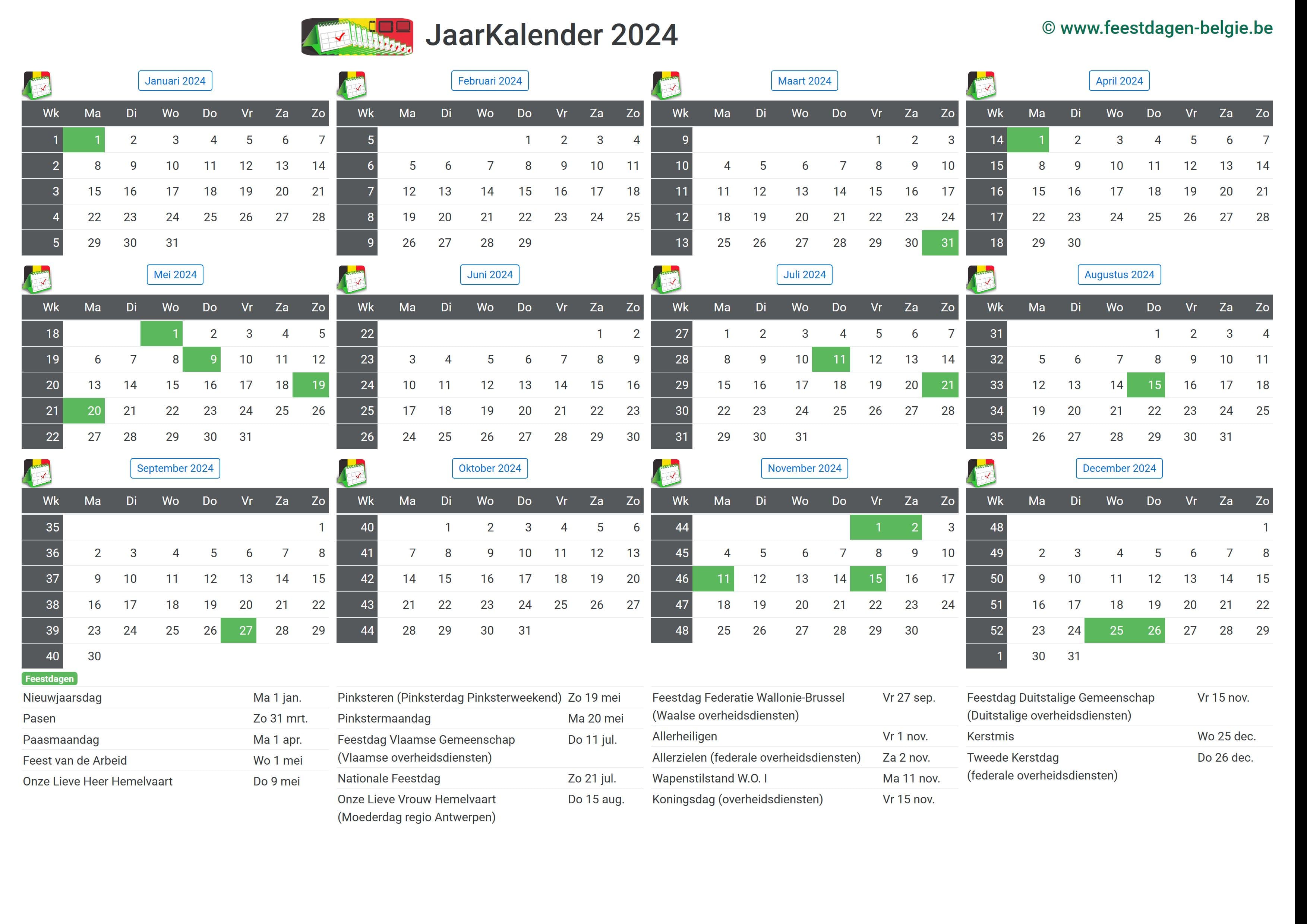 Kalender 2024 Jaarkalender België Verlengde Weekends Feestdagen