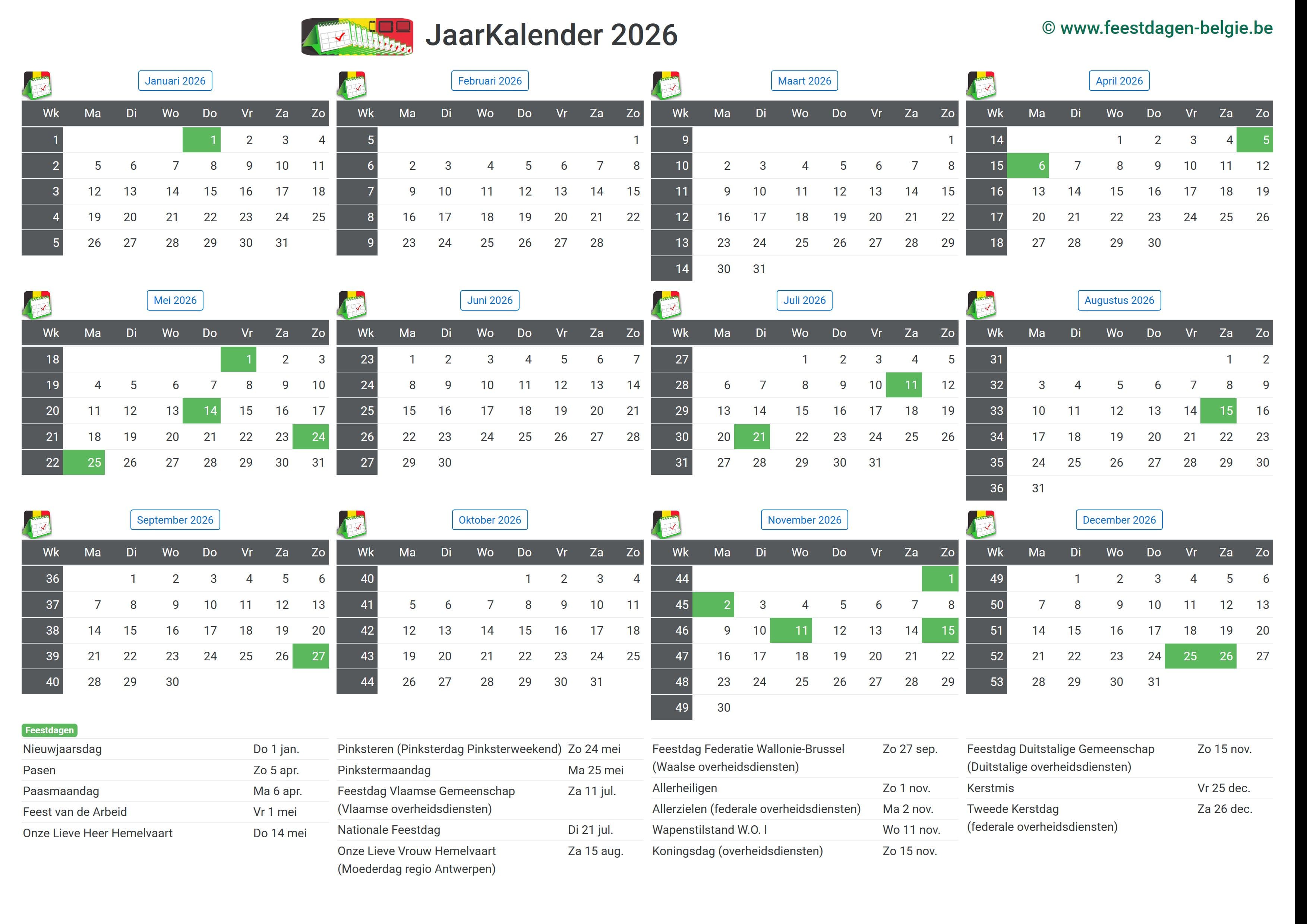 Maandkalender 2026 Oktober Belgie Verlengde Weekends Feestdagen 