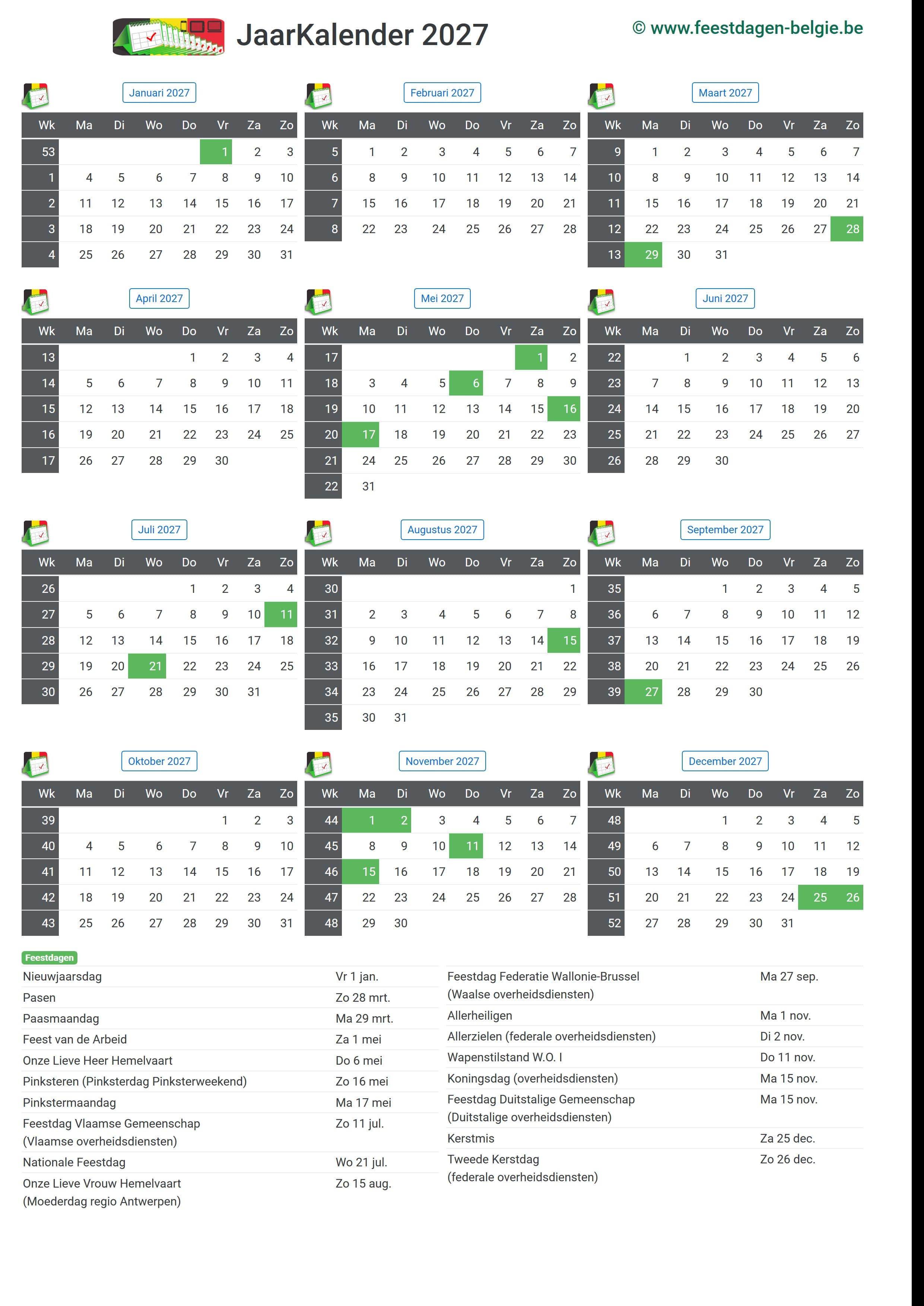 Kalender 2027 Jaarkalender Belgie Verlengde Weekends Feestdagen 