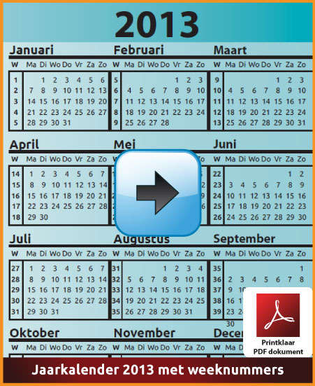 Gratis jaarkalender 2013 met weeknummers met Belgie feestdagen en schoolvakanties (download kalender 2013) via www.feestdagen-belgie.be