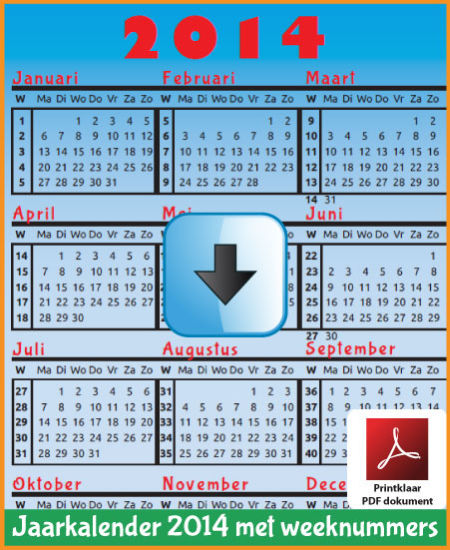 Gratis jaarkalender 2014 met weeknummers met Belgie feestdagen en schoolvakanties (download kalender 2014) via www.feestdagen-belgie.be