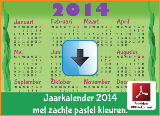 Gratis jaarkalender 2014 met de Belgie feestdagen en schoolvakanties. Zachte Kleuren. (download kalender 2014) via www.feestdagen-belgie.be