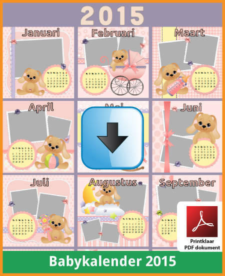 Gratis jaarkalender 2015 babykalender met de Belgie feestdagen en schoolvakanties (download kalender 2015) via www.feestdagen-belgie.be