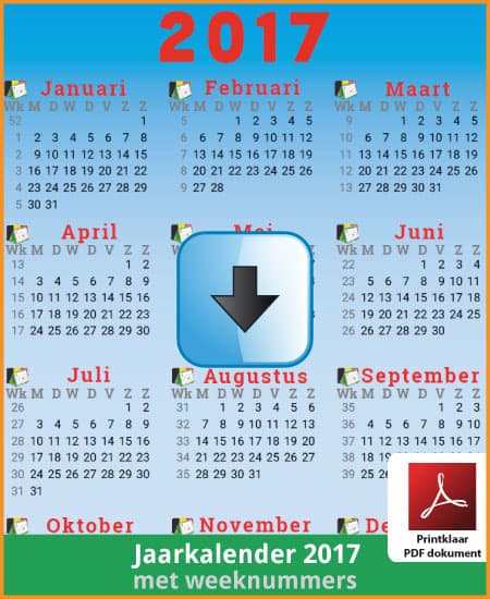 Gratis jaarkalender 2017 met weeknummers met Belgie feestdagen en schoolvakanties (download print kalender 2017) via www.feestdagen-belgie.be