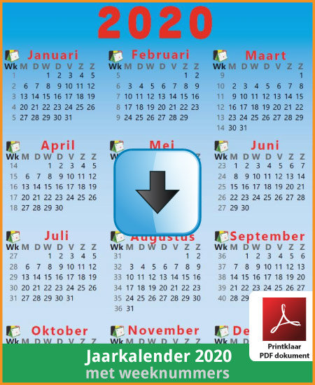 Gratis jaarkalender 2020 met weeknummers met Belgie feestdagen en schoolvakanties (download print kalender 2020) via www.feestdagen-belgie.be