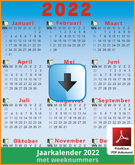 Gratis jaarkalender 2022 met weeknummers met Belgie feestdagen en schoolvakanties (download print kalender 2022) via www.feestdagen-belgie.be
