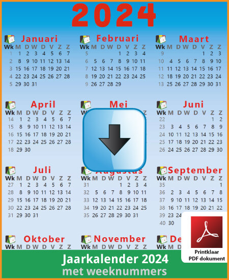 Gratis jaarkalender 2024 met weeknummers met Belgie feestdagen en schoolvakanties (download print kalender 2024) via www.feestdagen-belgie.be