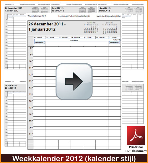 Gratis weekkalender 2012 incl de Belgie feestdagen en schoolvakanties. Kalender Stijl. via www.feestdagen-belgie.be