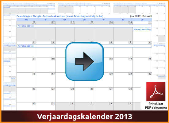 Gratis verjaardagskalender 2013 met de Belgie feestdagen en schoolvakanties (download kalender 2013) via www.feestdagen-belgie.be
