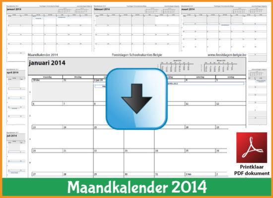 Gratis maandkalender 2014 met de Belgie feestdagen en schoolvakanties (download kalender 2014) via www.feestdagen-belgie.be