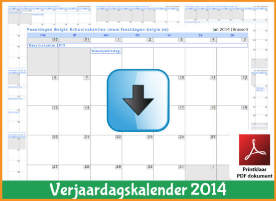 Gratis verjaardagskalender 2014 met de Belgie feestdagen en schoolvakanties (download kalender 2014) via www.feestdagen-belgie.be