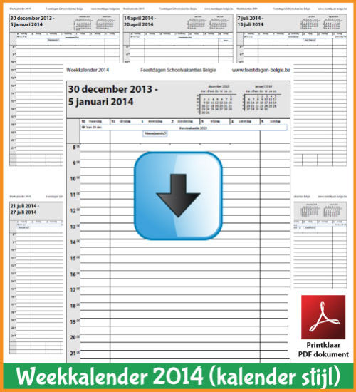 Gratis weekkalender 2014 met de Belgie feestdagen en schoolvakanties. Kalender Stijl. (download kalender 2014) via www.feestdagen-belgie.be