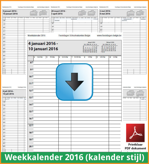 Gratis weekkalender 2016 met de Belgie feestdagen en schoolvakanties. Kalender Stijl. (download kalender 2016) via www.feestdagen-belgie.be