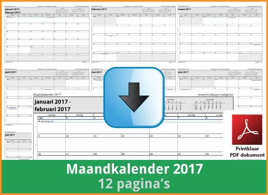 Gratis maandkalender 2017 met de Belgie feestdagen en schoolvakanties (download print kalender 2017) via www.feestdagen-belgie.be