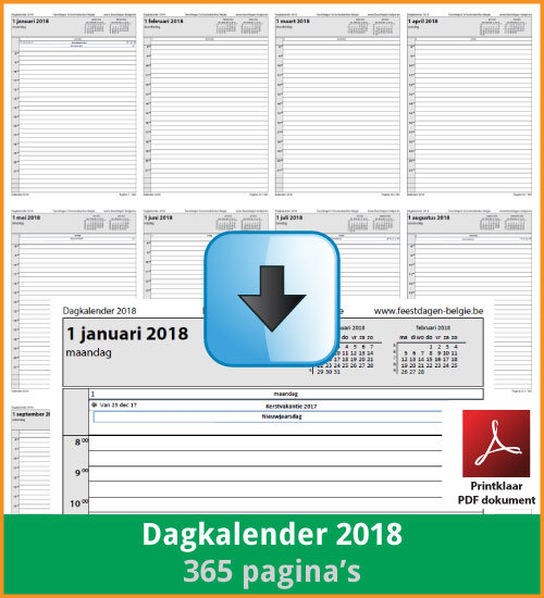 Gratis dagkalender 2018 met de Belgie feestdagen en schoolvakanties. (download print kalender 2018) via www.feestdagen-belgie.be