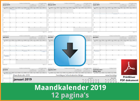 Gratis maandkalender 2019 met de Belgie feestdagen en schoolvakanties (download print kalender 2019) via www.feestdagen-belgie.be