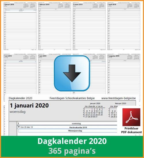 Gratis dagkalender 2020 met de Belgie feestdagen en schoolvakanties. (download print kalender 2020) via www.feestdagen-belgie.be