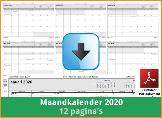 Gratis maandkalender 2020 met de Belgie feestdagen en schoolvakanties (download print kalender 2020) via www.feestdagen-belgie.be