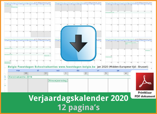 Gratis verjaardagskalender 2020 met de Belgie feestdagen en schoolvakanties (download print kalender 2020) via www.feestdagen-belgie.be