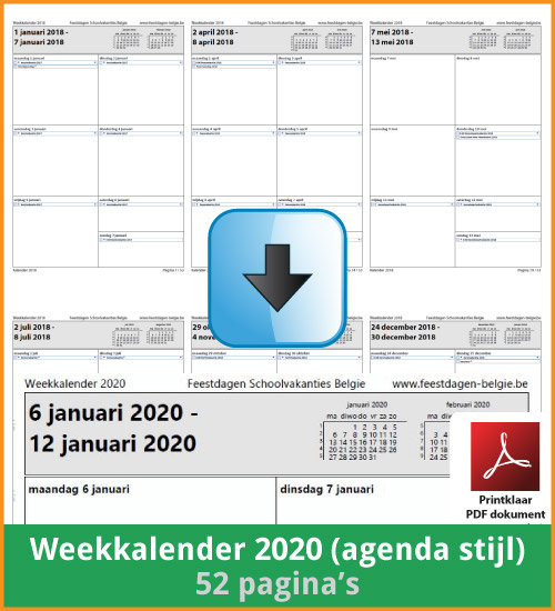 Gratis weekkalender 2020 met de Belgie feestdagen en schoolvakanties. Agenda Stijl. (download print kalender 2020) via www.feestdagen-belgie.be