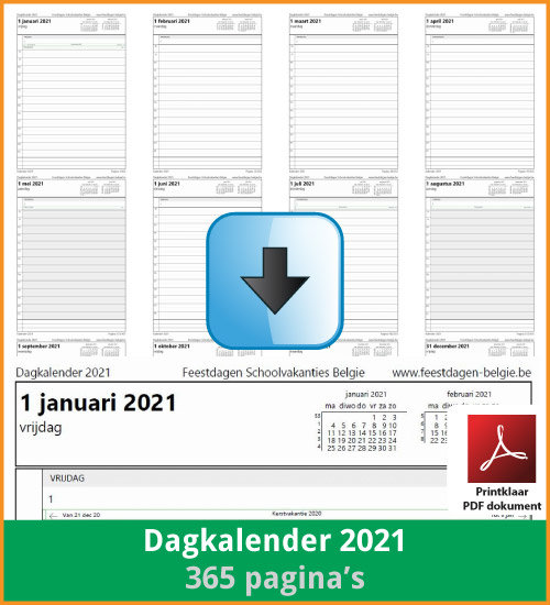 Gratis dagkalender 2021 met de Belgie feestdagen en schoolvakanties. (download print kalender 2021) via www.feestdagen-belgie.be