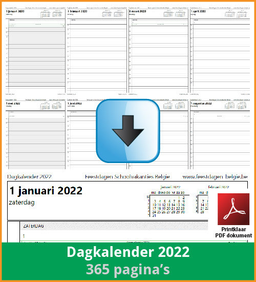 Gratis dagkalender 2022 met de Belgie feestdagen en schoolvakanties. (download print kalender 2022) via www.feestdagen-belgie.be