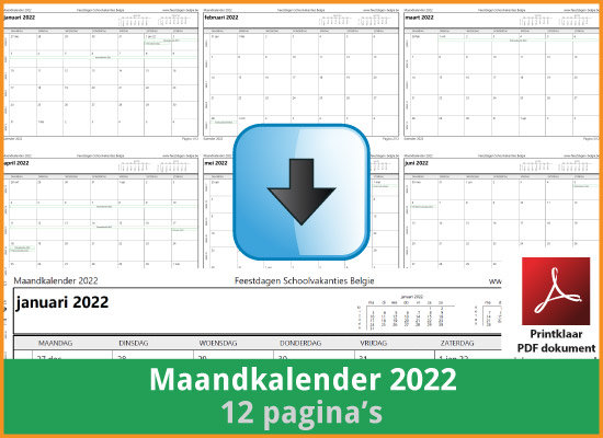 Gratis maandkalender 2022 met de Belgie feestdagen en schoolvakanties (download print kalender 2022) via www.feestdagen-belgie.be