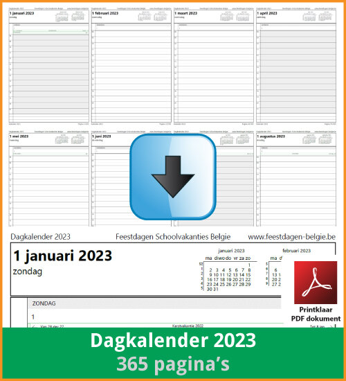 Gratis dagkalender 2023 met de Belgie feestdagen en schoolvakanties. (download print kalender 2023) via www.feestdagen-belgie.be