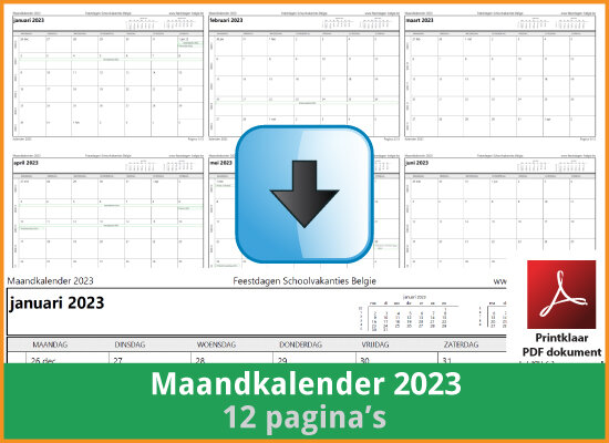 Gratis maandkalender 2023 met de Belgie feestdagen en schoolvakanties (download print kalender 2023) via www.feestdagen-belgie.be