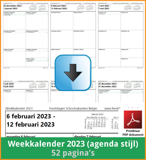 Gratis weekkalender 2023 met de Belgie feestdagen en schoolvakanties. Agenda Stijl. (download print kalender 2023) via www.feestdagen-belgie.be