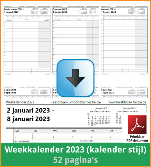 Gratis weekkalender 2023 met de Belgie feestdagen en schoolvakanties. Kalender Stijl. (download print kalender 2023) via www.feestdagen-belgie.be