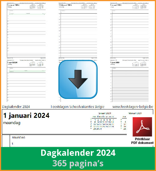 Gratis dagkalender 2024 met de Belgie feestdagen en schoolvakanties. (download print kalender 2024) via www.feestdagen-belgie.be