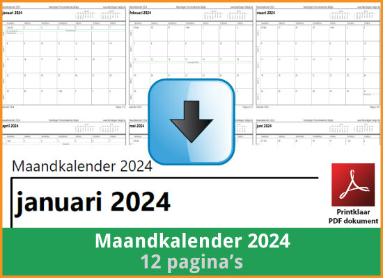 Gratis maandkalender 2024 met de Belgie feestdagen en schoolvakanties (download print kalender 2024) via www.feestdagen-belgie.be