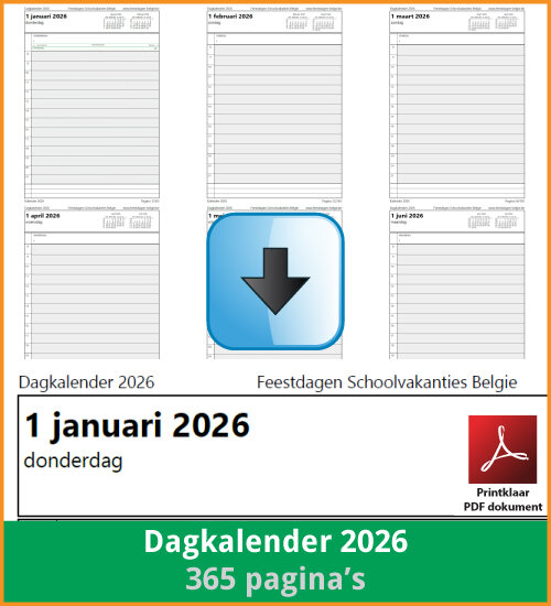 Gratis dagkalender 2026 met de Belgie feestdagen en schoolvakanties. (download print kalender 2026) via www.feestdagen-belgie.be