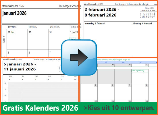Kalenders Jaarkalenders 2026 Gratis Downloaden en Printen via www.feestdagen-belgie.be