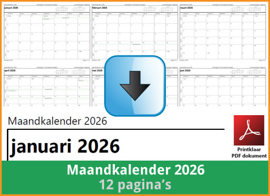 Gratis maandkalender 2026 met de Belgie feestdagen en schoolvakanties (download print kalender 2026) via www.feestdagen-belgie.be