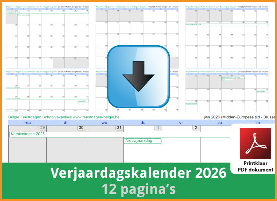 Gratis verjaardagskalender 2026 met de Belgie feestdagen en schoolvakanties (download print kalender 2026) via www.feestdagen-belgie.be