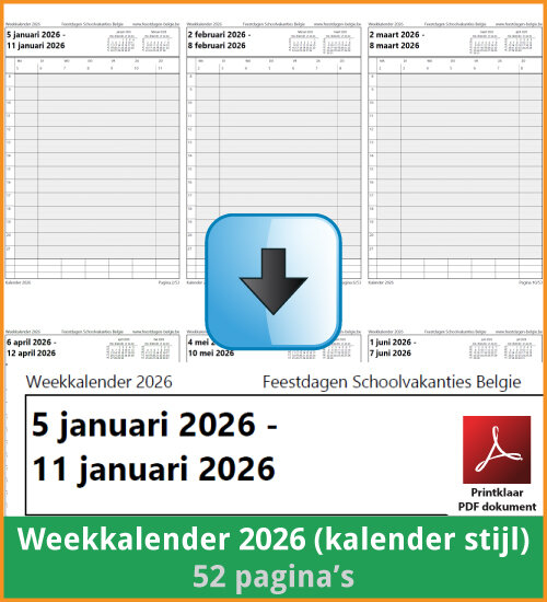 Gratis weekkalender 2026 met de Belgie feestdagen en schoolvakanties. Kalender Stijl. (download print kalender 2026) via www.feestdagen-belgie.be