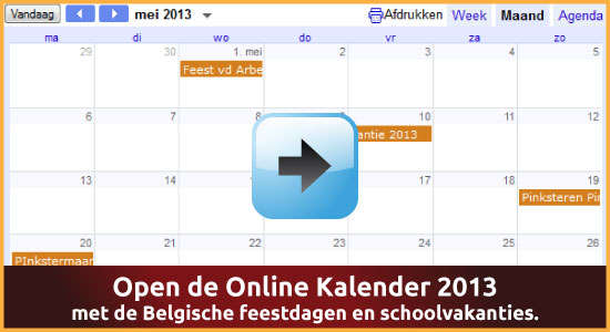 Google Agenda 2013 Feestdagen Schoolvakanties Belgie datums kalender via www.feestdagen-belgie.be